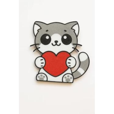 Imagem de Ímã de gato de Dia dos Namorados – Presente fofo e adorável de gatinho segurando o coração por Znet3D – Variantes marrom, prata, laranja – Ímã de gato "Purrfect Love" (prata)