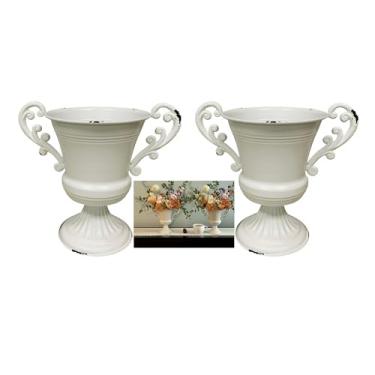 Imagem de Vaso de urna europeu chique gasto de 21 cm, corpo de metal vintage envelhecido com alças duplas de ferro fundido pesado, peça central de fazenda romântica para decoração de cornija ou mesa