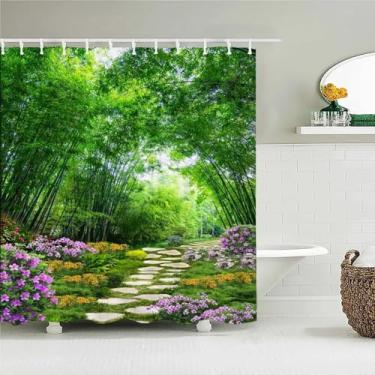 Imagem de Cortina de chuveiro 3D verde com estampa de planta de bambu com folhas de paisagem, tecido de poliéster impermeável, decoração de casa, 113 x 202 cm/LxA, resistente a mofo