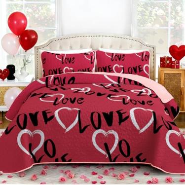 Imagem de Djoymock Conjunto de colcha King para o Dia dos Namorados, leve, de microfibra, reversível, conjunto de cama acolchoado para todas as estações, vermelho, doce amor, coração, conjunto de edredom com 2