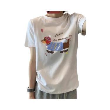 Imagem de Camiseta Casual Feminina Branca De Verão Com Estampa De Cachorro Em Ca