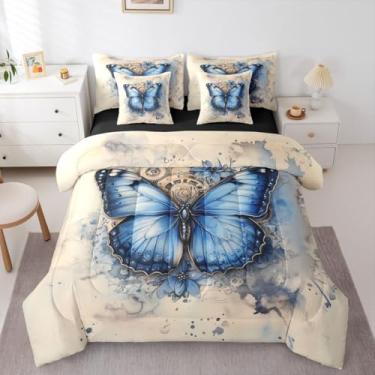 Imagem de Erosebridal Jogo de cama casal de borboleta azul, 7 peças, estilo industrial, vintage, estilo pastel, floral, macio e quente