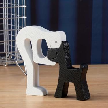 Imagem de Estatueta de estátua humana e de cachorro, decoração de escritório doméstico, ornamentos decorativos para homens e cães para lembrar a amizade entre pessoas e animais de estimação (branco-preto)