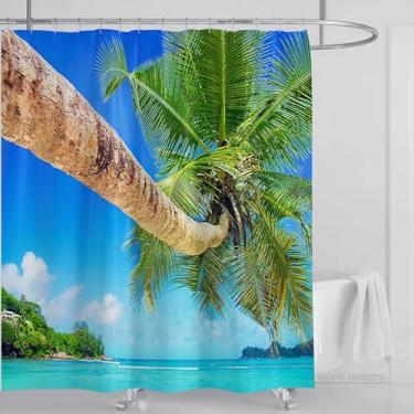 Imagem de Cortina de chuveiro, mar, praia, 3D, moderno, tropical, folhas de palmeira, estampa de paisagem, impermeável, banheiro, decoração de casa, tela de chuveiro lavável 55 x 71 pol. - 140 x 180 cm/L x A