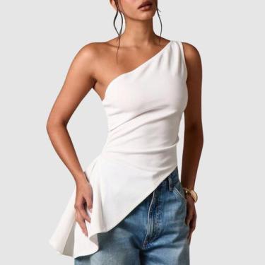Imagem de Blusa Feminina Assimétrica Um Ombro Só Regata Suplex Babado Lateral Mo