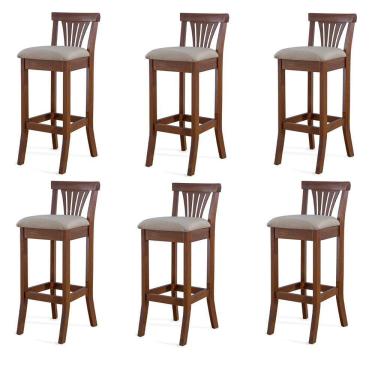 Imagem de Kit 6 Banquetas Alta Pontes Linho Off White/Imbuia