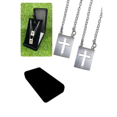 Imagem de Kit Caixinha Veludo + Cordão Escapulário 60Cm Prata Cruz Aço - Visujói
