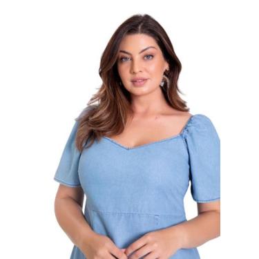 Imagem de Vestido plus size jeans curto franzido manga lunender 20686, M