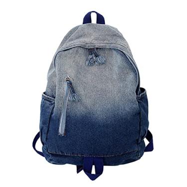 Imagem de Mochila de faculdade jeans feminina retrô mochila de viagem grande capacidade mochila básica simples casual respirável mochila de uso diário, azul, 41 x 29 cm