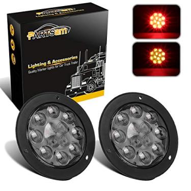 Imagem de Partsam 2 peças 4 polegadas Redondo Vermelho LED Trailer Luzes de Flange Montagem Lente de Fumaça - 12 LED Vermelho Luz de Freio Retrovisor À prova d'água para caminhões RV