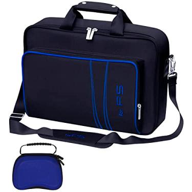 Imagem de omarando Bolsa de transporte para consola de jogos, compatível com a PS5 ou PS5 Slim, bolsa de transporte de viagem para o comando de jogos e acessórios, caixa protetora do comando incluída (Black-Blue)