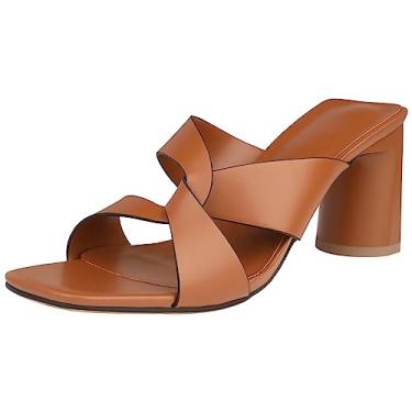 Imagem de Husmeu Sandálias femininas de salto alto para mulheres Dreesy Summer Mules bico quadrado salto grosso sandálias de salto bloco, Marrom, 6-6.5