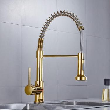 Imagem de Torneira da cozinha pull out stream pulverizador deck montado preto fosco misturadora rotação de 360 graus pia da cozinha torneiras frias, ouro