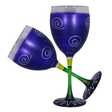 Imagem de Golden Hill Studio Conjunto de 2 taças de vinho pintadas à mão – Coleção Peruana Splendor Purple – Artigos de vidro pintados à mão por artistas dos EUA – Taças de vinho exclusivas e decorativas, decoração de mesa de cozinha