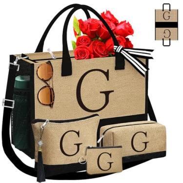 Imagem de Adoryoung Sacolas com monograma, 3 peças, presentes de aniversário para mulheres, bolsas de juta personalizadas com inicial inicial para sua irmã e mãe, Juta, Large