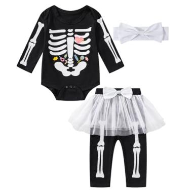 Imagem de IWALUE Conjunto divertido de fantasia de esqueleto para bebês recém-nascidas com saia de tule e caveira de Halloween, Preto, 18-24 Meses