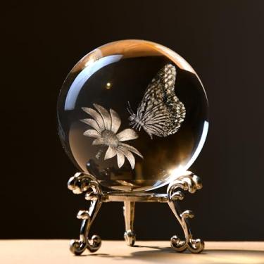 Imagem de IFOLAINA Bola de cristal de borboleta 3D de 60 mm, ideias de presentes para namorada, esposa, mãe, casal, borboleta em girassol em bola de vidro com suporte, esfera de flor, decoração de casa