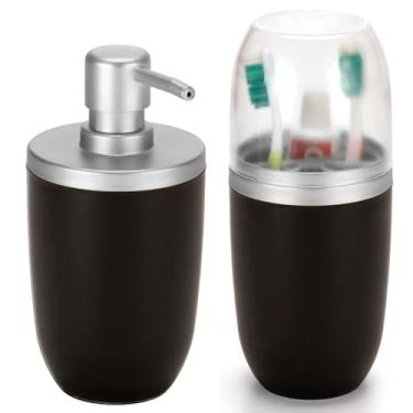 Imagem de Kit Porta Escova Dispenser Porta Sabonete Saboneteira Líquido 500ml Premium Banheiro Lavabo Arthi (Preto/Prata)