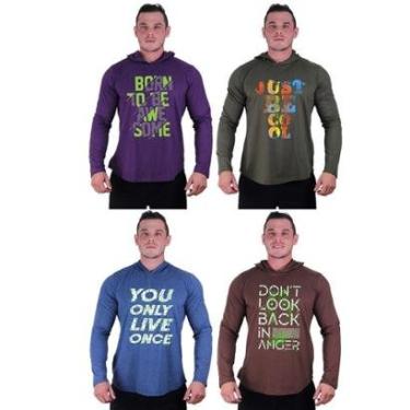 Imagem de Kit 4 Camisetas Manga Longa com Touca Longline Estampada Treino Academia Lazer Casual-Masculino