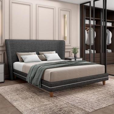 Imagem de Conjunto Cama com Cabeceira King Torres Pés em Madeira Linho Chumbo G9