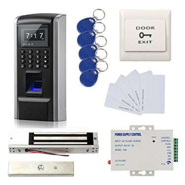 Imagem de Kit completo biométrico de impressão digital RFID com sistema de controle de acesso + trava magnética elétrica de força de 272 kg + fonte de alimentação de 110 V + 10 cartões e chaveiros