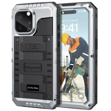 Imagem de Mitywah Capa à prova d'água para iPhone 16 Pro Max, capa resistente à prova de choque com protetor de tela integrado, capa de metal protetora de corpo inteiro subaquática de 6,9 polegadas, prata
