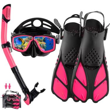 Imagem de DiVLMT Equipamento De Mergulho Com Snorkel Para Adultos Com Nadadeiras, Conjunto Profissional De Mergulho Para Viagem Com Nadadeiras, Máscara De Mergulho Antiembaçante E Antivazamento (Rosa E Preto,