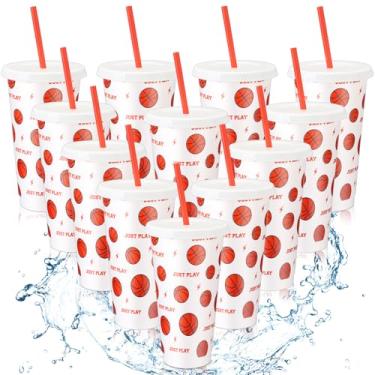 Imagem de Honeydak 12 copos de plástico esportivos com tampa e canudo 680 g copos de plástico reutilizáveis para futebol, basquete, treinador, membros, presentes, mulheres, homens, lembrancinhas de festa de
