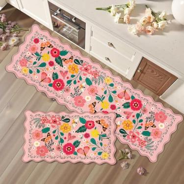 Imagem de Arenarug Tapetes de cozinha rosa recortados para chão, 2 peças, acolchoados, antifadiga, à prova d'água, antiderrapante, floral, confortável, espuma para lavatória, lavanderia, 43 x 76 + 43 x 17 x 159