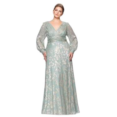 Imagem de Plus "Melanie" Vestido de manga comprida com gola V e comprimento até o chão, Sálvia/dourado, 48