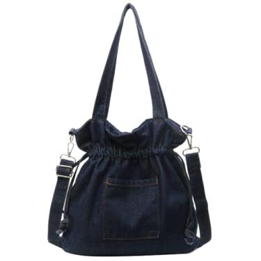 Imagem de Bolsa feminina de lona jeans com cordão, bolsa tiracolo de ombro, vintage, bolsa de viagem, Azul-escuro, Free
