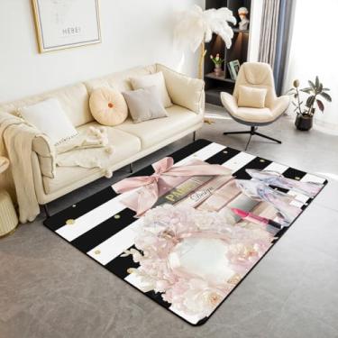 Imagem de jejeloiu Tapete de área da moda rosa 3x5 crianças preto branco listrado tapetes de sala de estar para quarto para meninos meninas adolescentes tapete decorativo floral antiderrapante perfume salto
