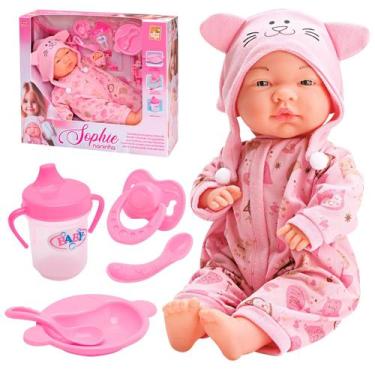 Imagem de Boneca Bebê Sophie Para Ninar Rosa 33 Cm Com Pratinho Colher Chupeta E