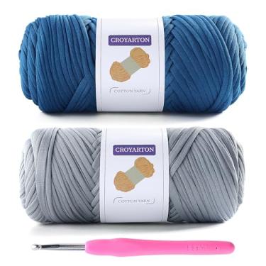 Imagem de Pacote com 2 fios de camiseta para crochê, camiseta elástica, fio de tricô grosso, comprimento total de 130 metros para cestas de saco de crochê, decoração de casa com 1 agulha de crochê (cinza claro