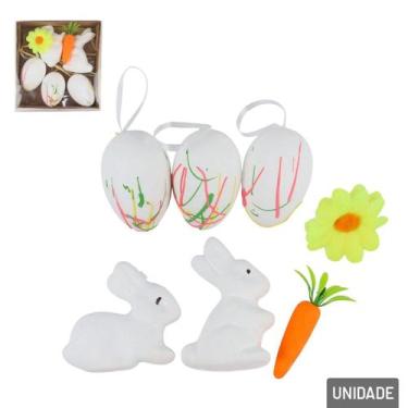 Imagem de Enfeite de Páscoa Coelhos e Ovos 5 Peças Branco - Tudo em Caixa - Gené