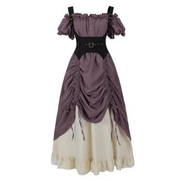 Imagem de LTAKK Vestido Renascentista Feminino Medieval Fantasia de Pirata Steampunk Ren Faire Vestidos com Espartilho 3 peças, Roxa, M