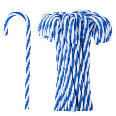 Imagem de Hicarer 25 peças de bengala doce de plástico de Natal de 15 cm enfeite para pendurar árvore torcida enfeite de bengala doce para lembrancinha de festa de Natal (azul e branco)
