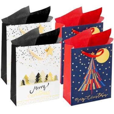 Imagem de RACHELLE'S Sacos de presente de Natal – Pequenos 22,8 x 17,8 x 7,6 cm (pacote com 4) – Sacos de presente de papel resistente com papel de seda, etiqueta e alça – Design de árvores de Natal – Perfeito