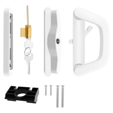 Imagem de KHZSPP Conjunto de maçanetas de porta de pátio branco, conjunto de maçanetas deslizantes com cilindro de chave e trava de encaixe adequado para porta de pátio de vidro deslizante