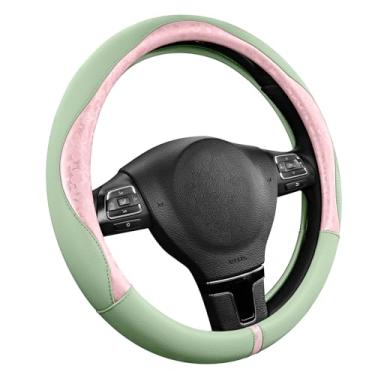 Imagem de PIC AUTO Capa de volante, estampa rosa e design de retalhos de couro verde, ajuste universal de 36,8 a 39,4 cm, antiderrapante, sem odor, couro sintético macio, acessório de carro durável para meninas