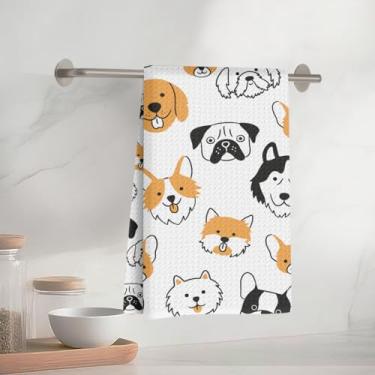 Imagem de Toalhas de cozinha adoráveis de cachorro de desenho animado 61 x 35 cm, toalha de prato decorativa de microfibra absorvente, toalhas de mão de waffle para cozinha, casa, banheiro, presentes para