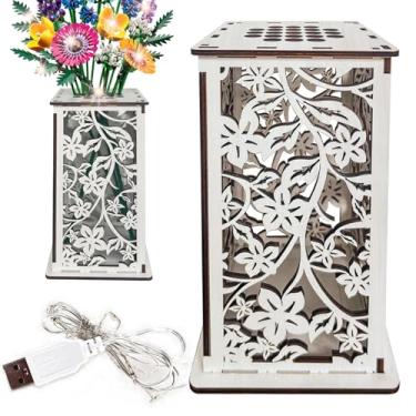 Imagem de Vaso de madeira para flores Lego, suporte de exibição para flor Lego, vaso legal com estampa de flor vazada, presente para amantes de flores (branco)