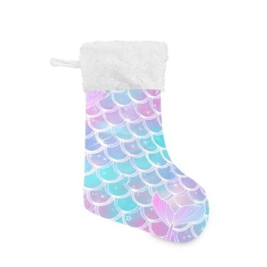 Imagem de Wassud Meia fofa de Natal com punho branco escalas coloridas sereia 45,7 cm grande para decoração de lareira de lareira 1 pacote