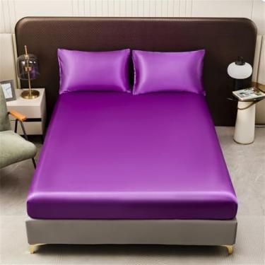 Imagem de XLCZMYL Jogo de lençol de cetim sólido, incluindo lençol de elástico, fronha e jogo de cama, macio, confortável, lavável na máquina, roxo, Queen 3 peças