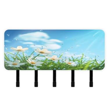 Imagem de Burbuja Porta-chaves de flores brancas com 5 ganchos, porta-chaves autoadesivo montado na parede, organizador de armazenamento de correio para entrada, decoração de casa