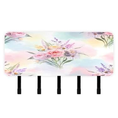 Imagem de Burbuja Porta-chaves de flores pastel com 5 ganchos, porta-chaves autoadesivo montado na parede, organizador de armazenamento de correio para entrada, decoração de casa