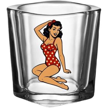 Imagem de Hat Shark Copo de shot sexy Pin-Up Girl Lady, bar de vidro transparente, 42,5 g, 100% seguro para lava-louças! (Sexy Red Polka Dot Swimsuit Pin-Up)