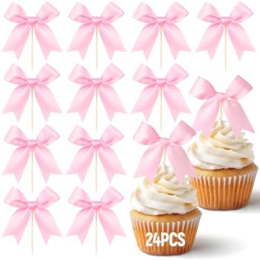 Imagem de JOERSH 24 peças de topo de cupcake de laço rosa, enfeite de bolo de laço, decorações de aniversário, palhetas de cupcake de laço para festa temática de coquete despedida de solteira, casamento