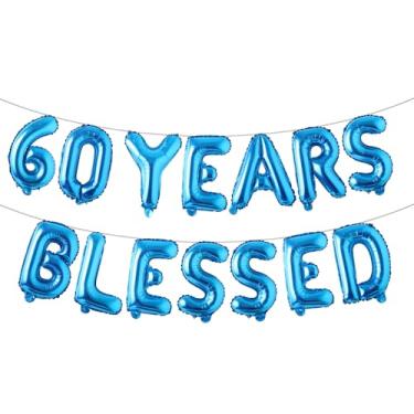 Imagem de 60 Years Blessed Banner de balão multicolorido com glitter, decorações de festa de aniversário de 60 anos/casamentos, cenários de sinalização (60 YEARS BLESSED Blue)