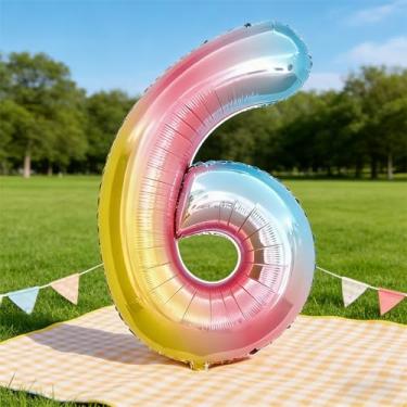 Imagem de Balão grande número 6 de 101 cm | Balão de folha de Mylar arco-íris para casamento, aniversário, formatura, decorações de aposentadoria | Artigos de festa cheios de ar para celebração de adultos